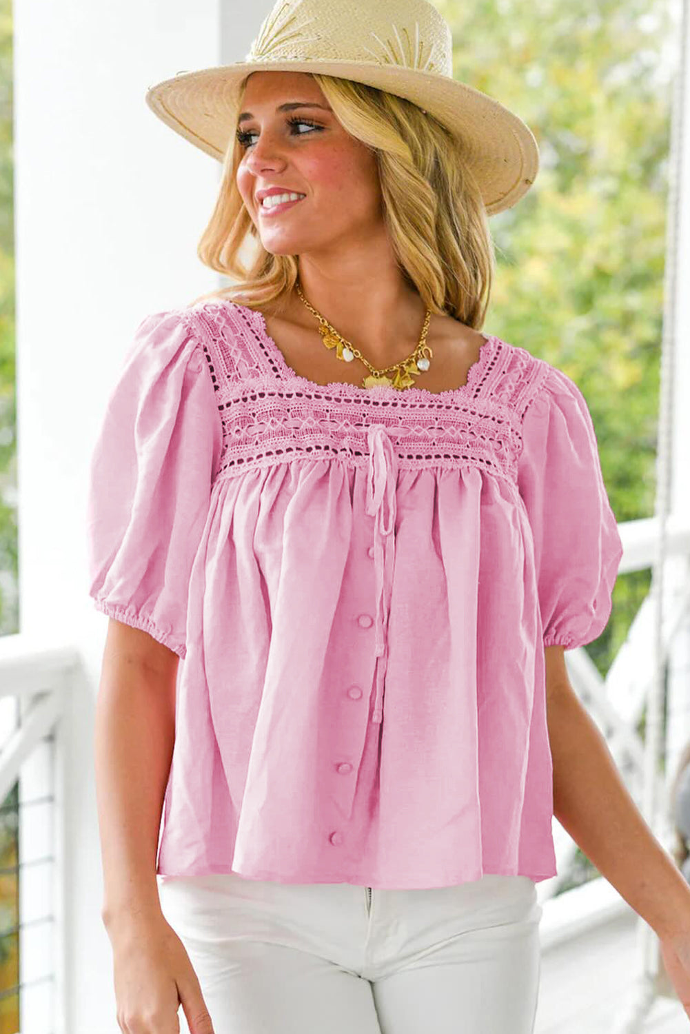 Blush Pink Lace Patchwork Puff Sleeve Square Neck Blouse