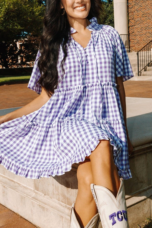 فستان قصير من Lavendula Plaid Frill متعدد الطبقات