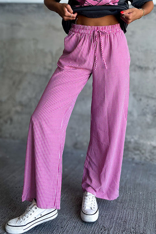 Pantalones de bolsillo informales de la pierna con la cintura con estampado de impresión a cuadros rosa