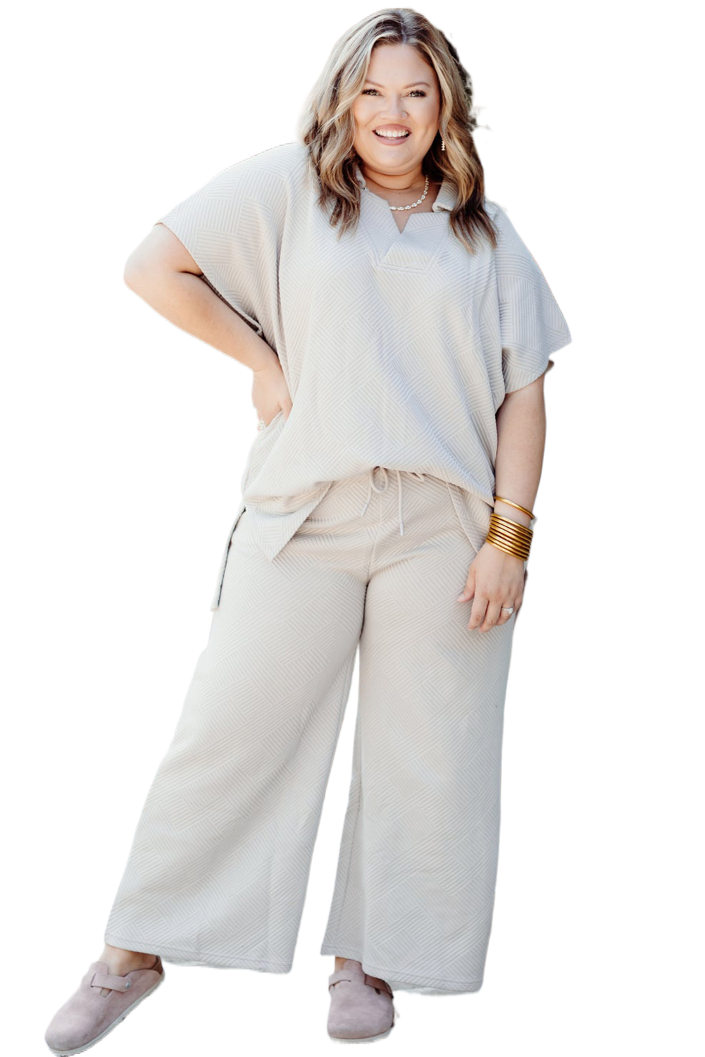 Conjunto de pantalones con cuello y lápiz con cordón de talla grande de tamaño beige