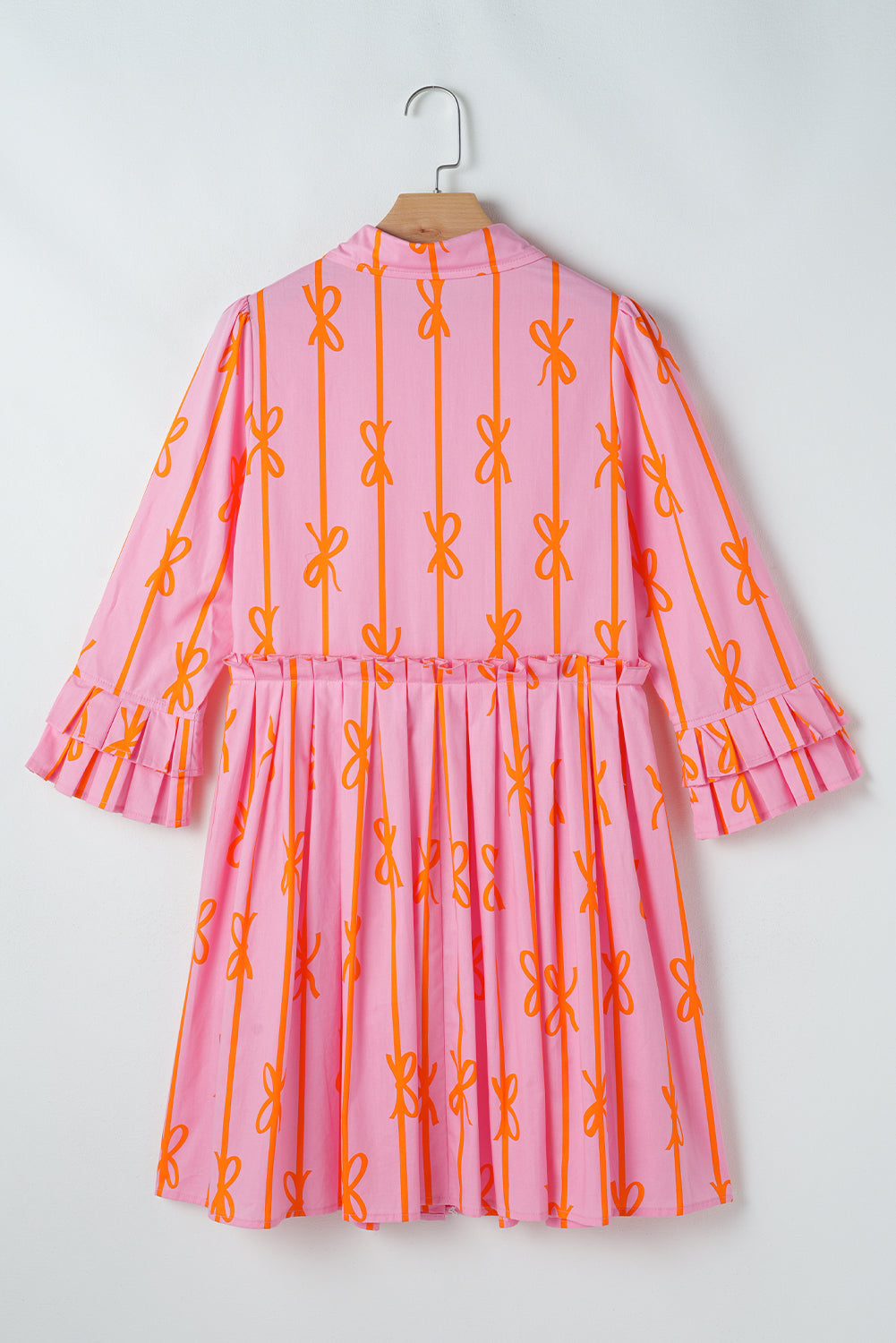 Pink Bowknot Striped Ruffle Mini Shirt Dress