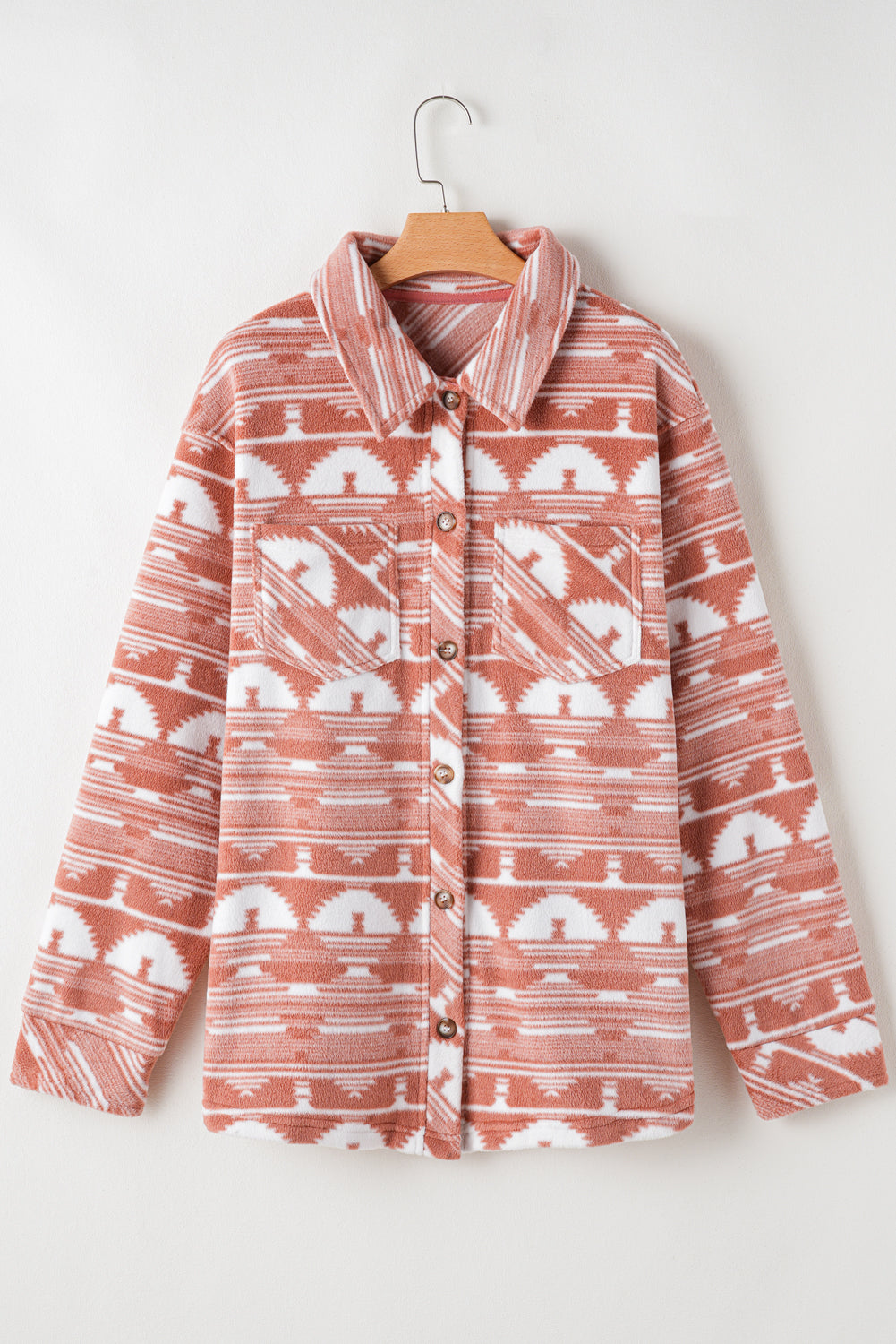 Pink Plus Size Geometric Print Chest Pocket Shacket