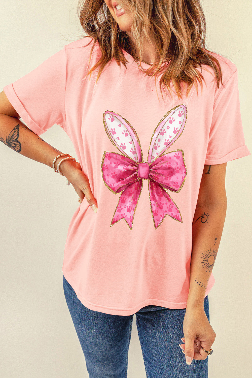 Pink Paw Printed Bow Bunny Easter Day Fashion T Shirt