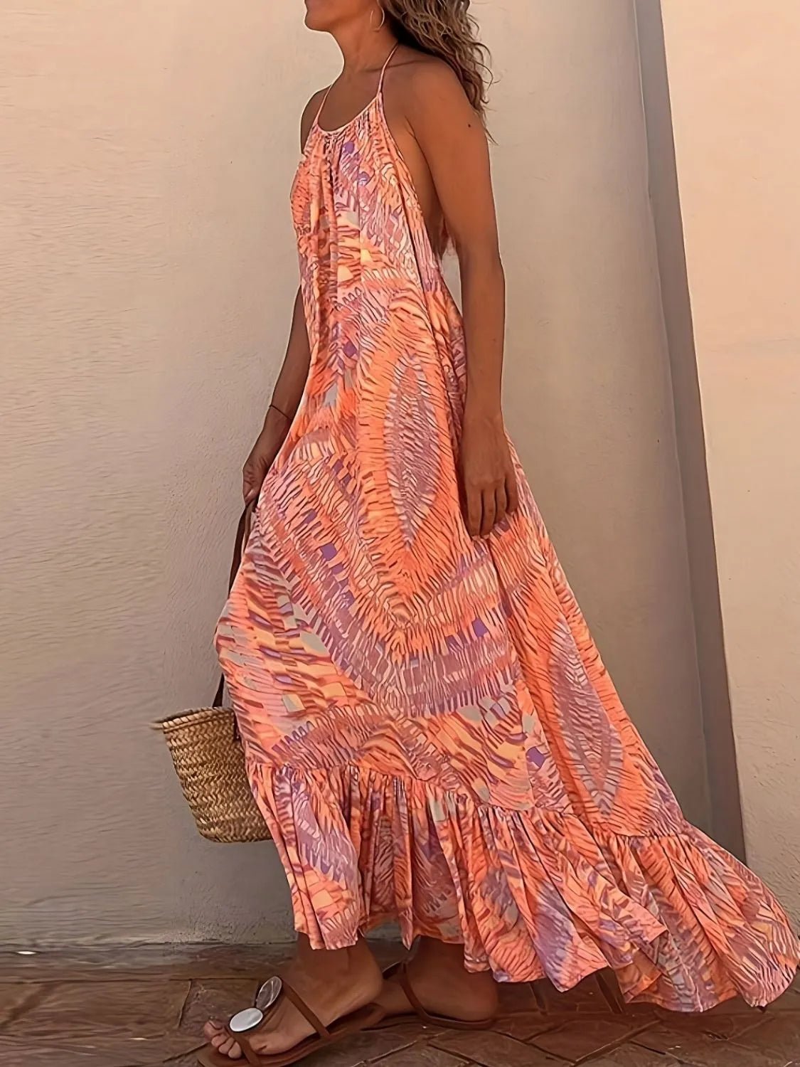 Backless Printed Halter Neck Maxi Cami Dress - MAD RUFFI