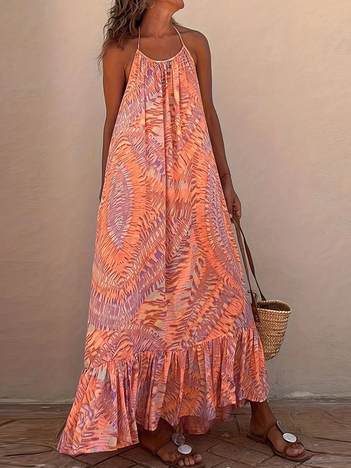 Backless Printed Halter Neck Maxi Cami Dress - MAD RUFFI