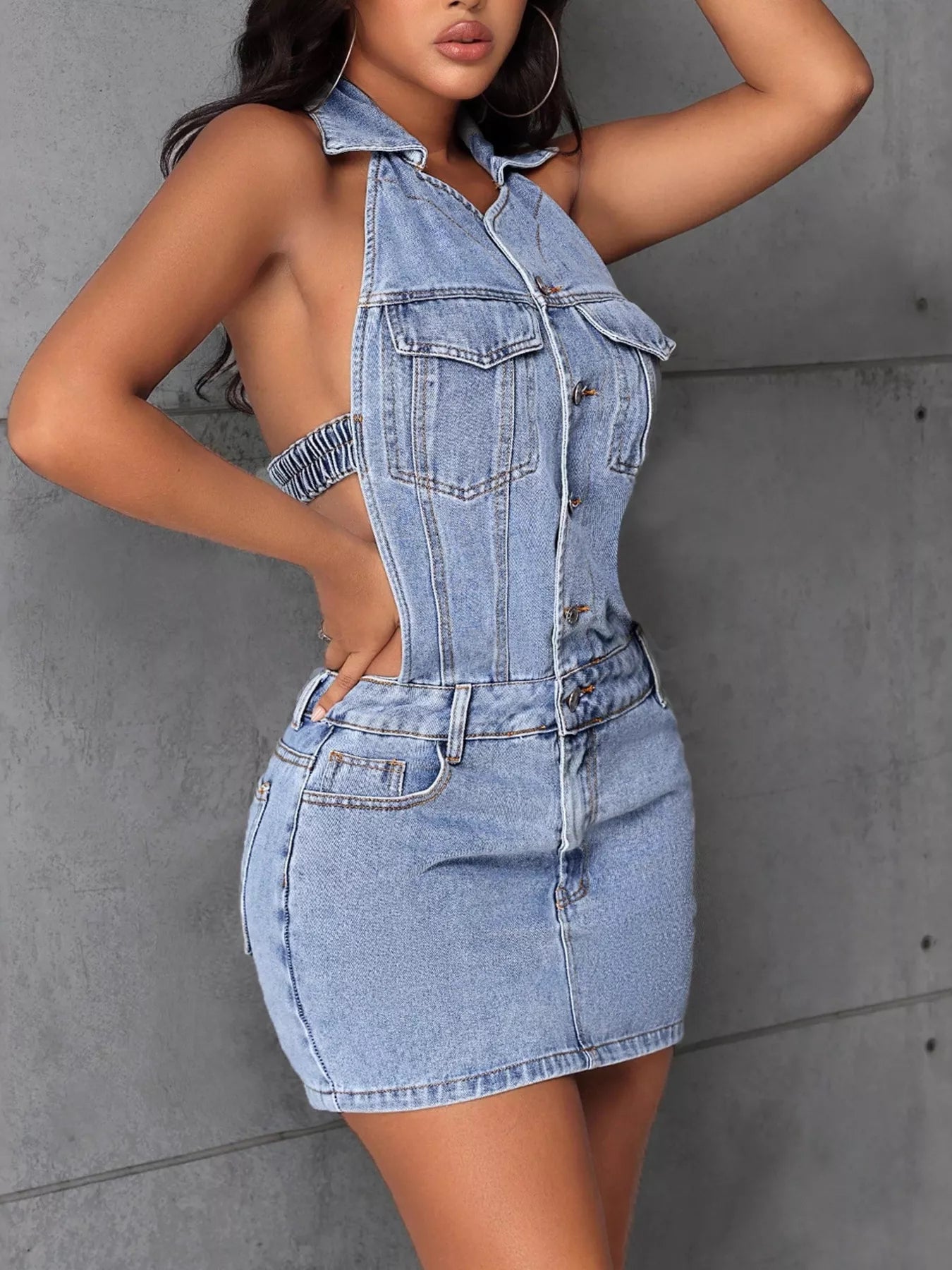 Backless Sleeveless Button Front Denim Mini Dress - MAD RUFFI