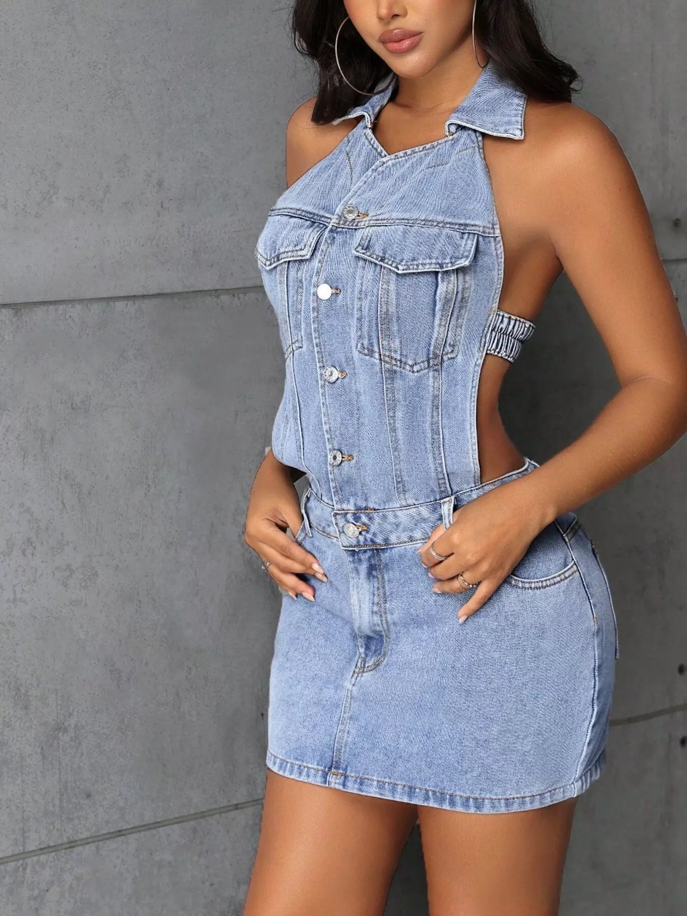 Backless Sleeveless Button Front Denim Mini Dress - MAD RUFFI