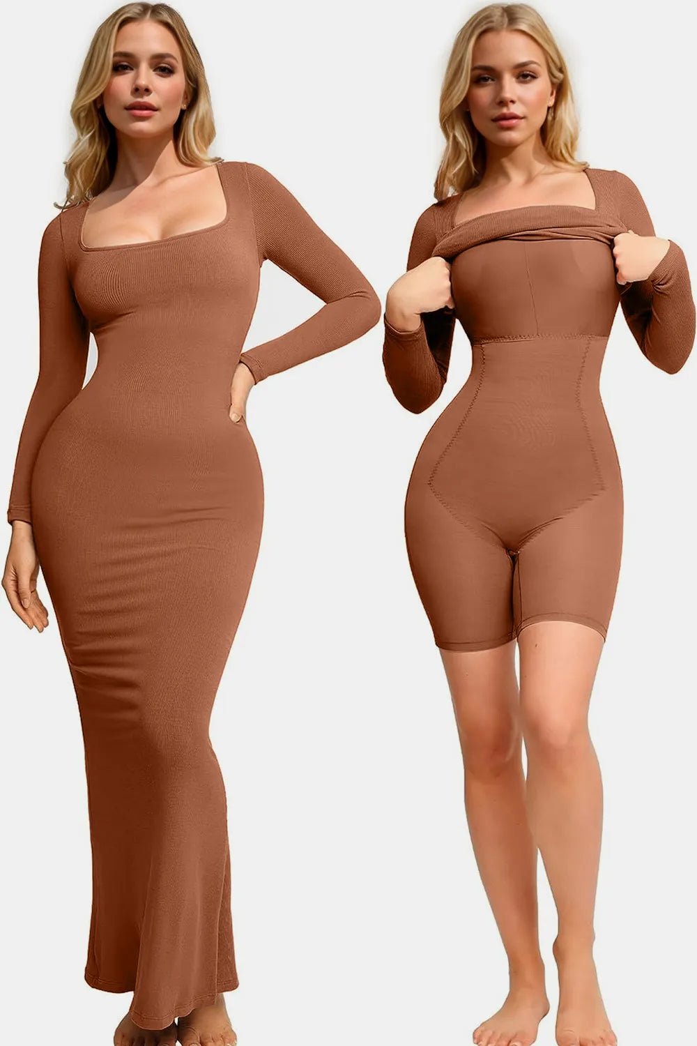 Basic Bae Built - In Shapewear Square Neck Long Sleeve Maxi Dress - MAD RUFFI