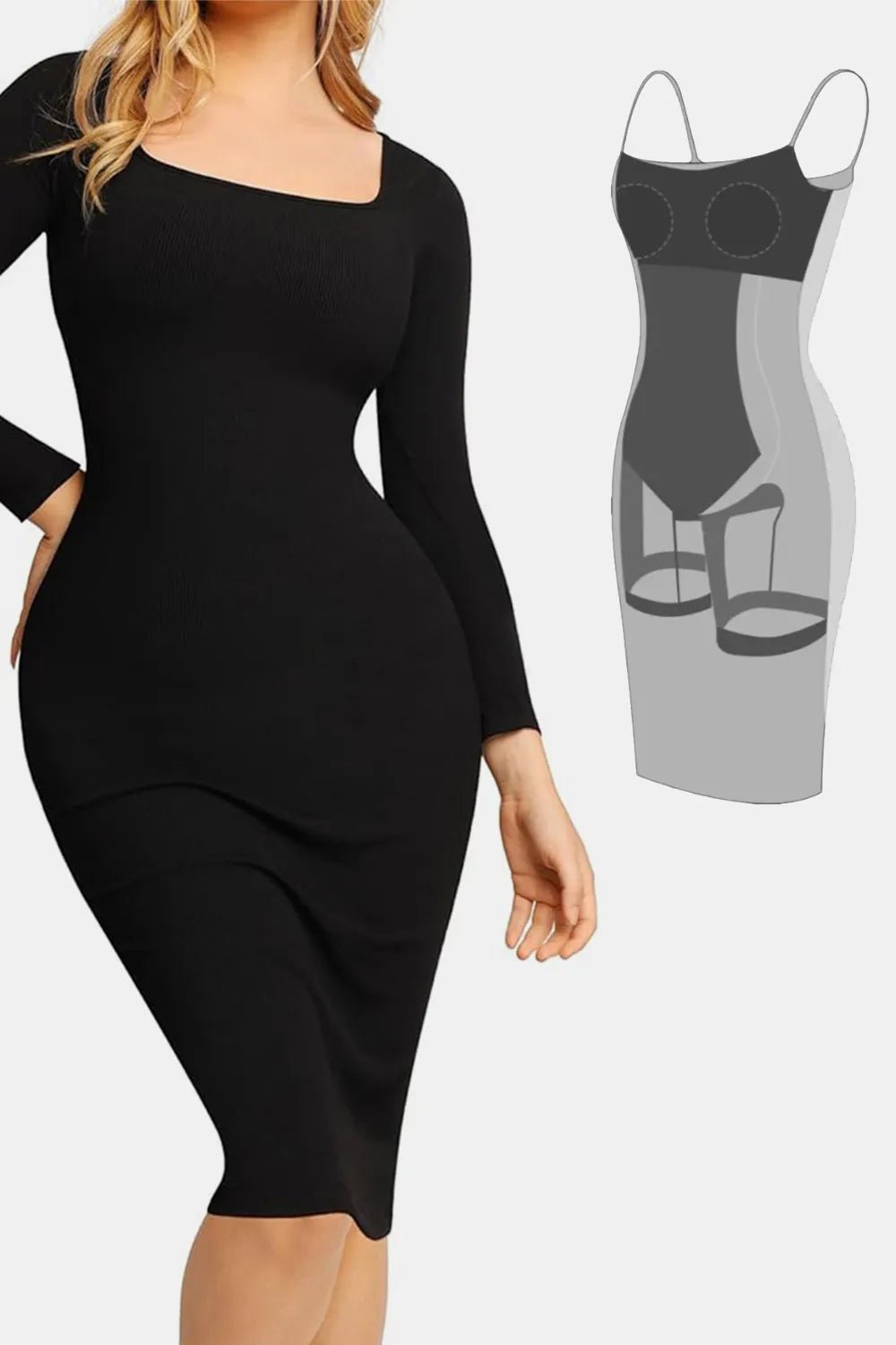 Basic Bae Full Size Built - In Shapewear Square Neck Long Sleeve Dress - MAD RUFFI