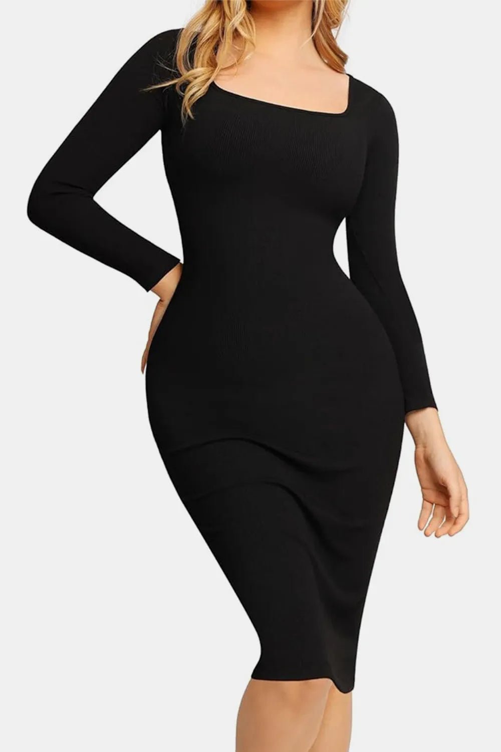Basic Bae Full Size Built - In Shapewear Square Neck Long Sleeve Dress - MAD RUFFI