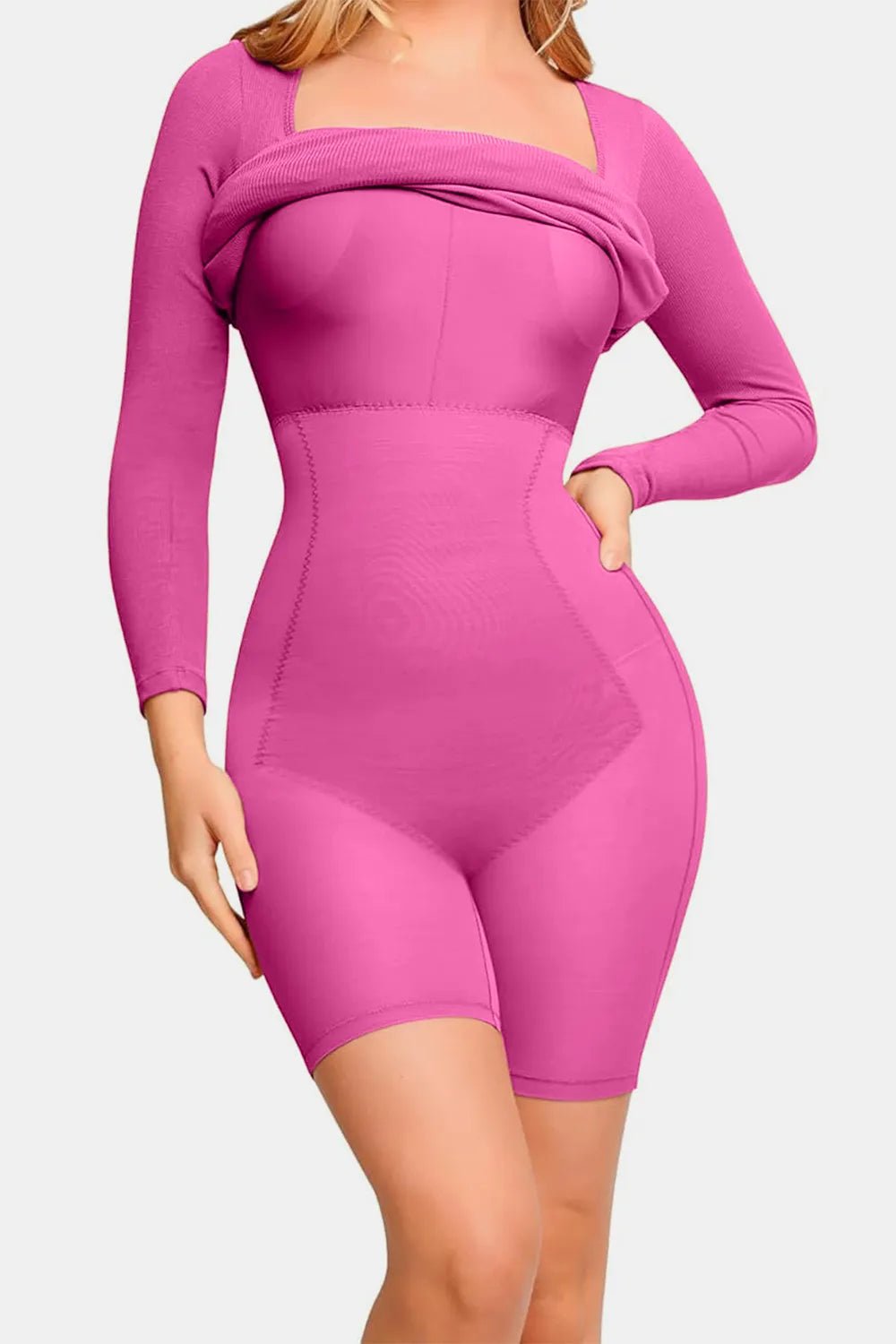 Basic Bae Full Size Built - In Shapewear Square Neck Long Sleeve Dress - MAD RUFFI