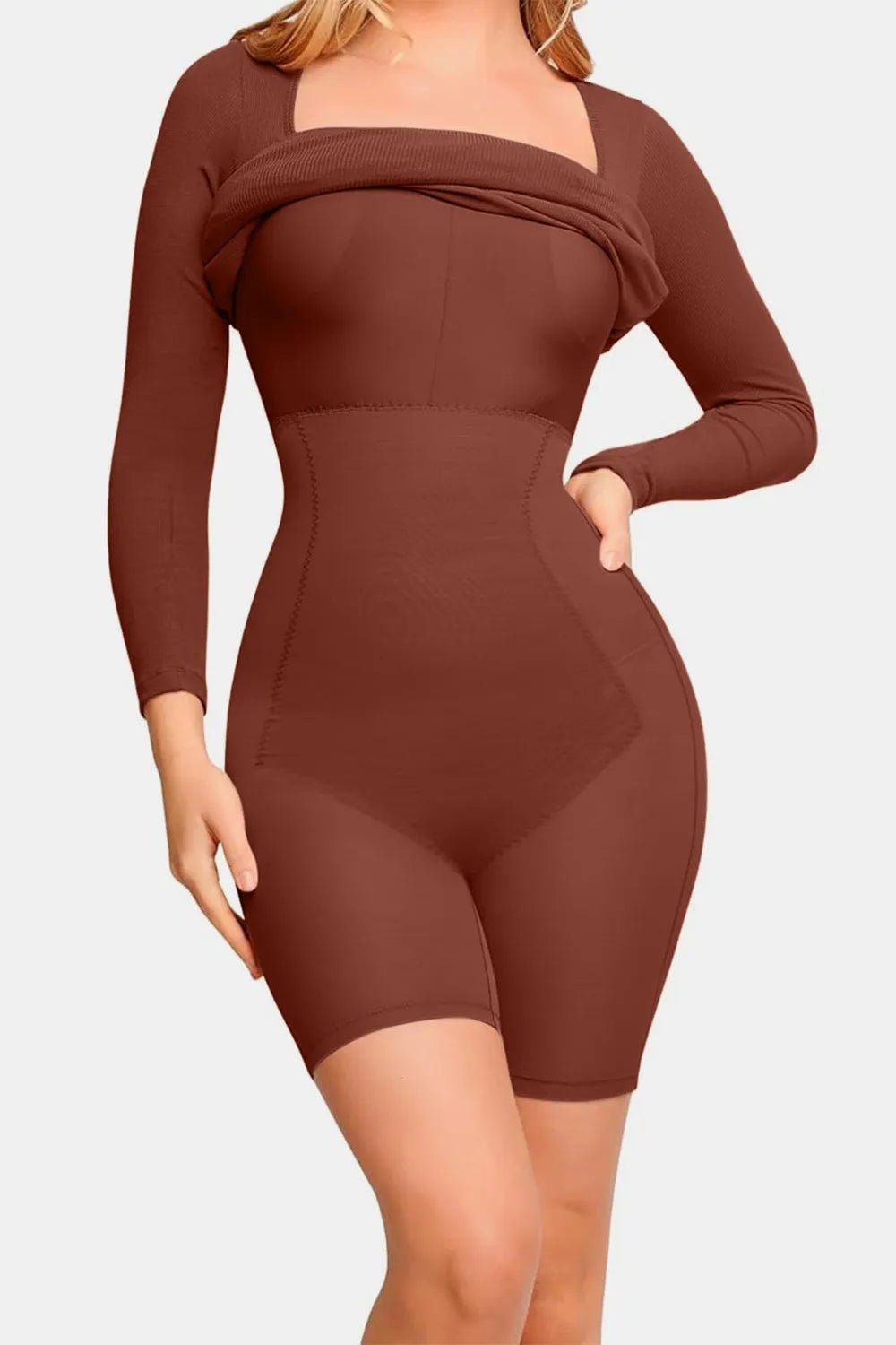 Basic Bae Full Size Built - In Shapewear Square Neck Long Sleeve Dress - MAD RUFFI