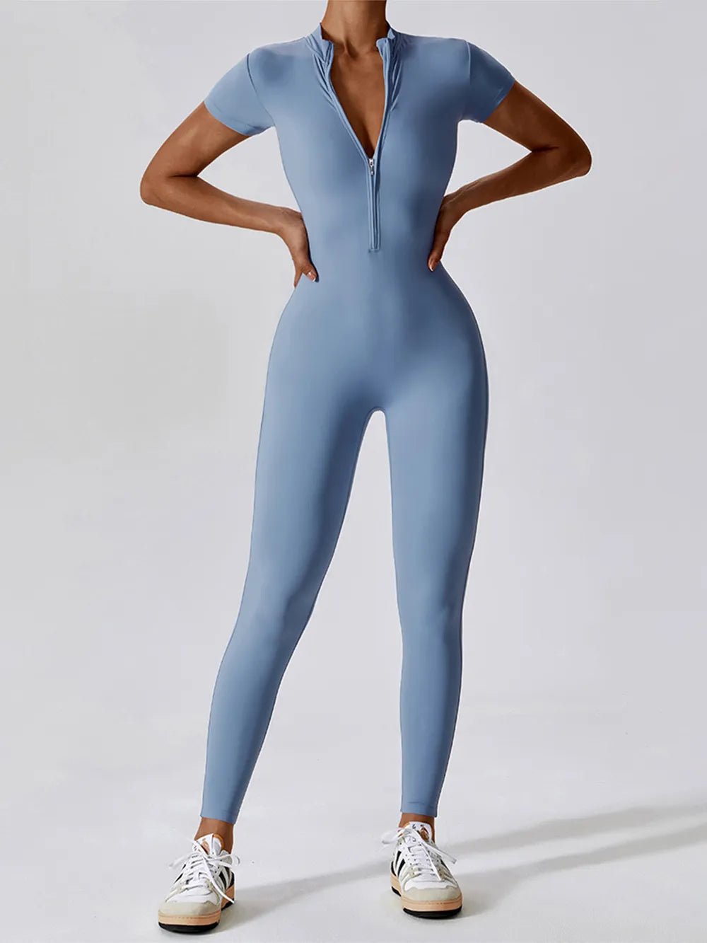 Basic Bae Half Zip Short Sleeve Active Jumpsuit - MAD RUFFI