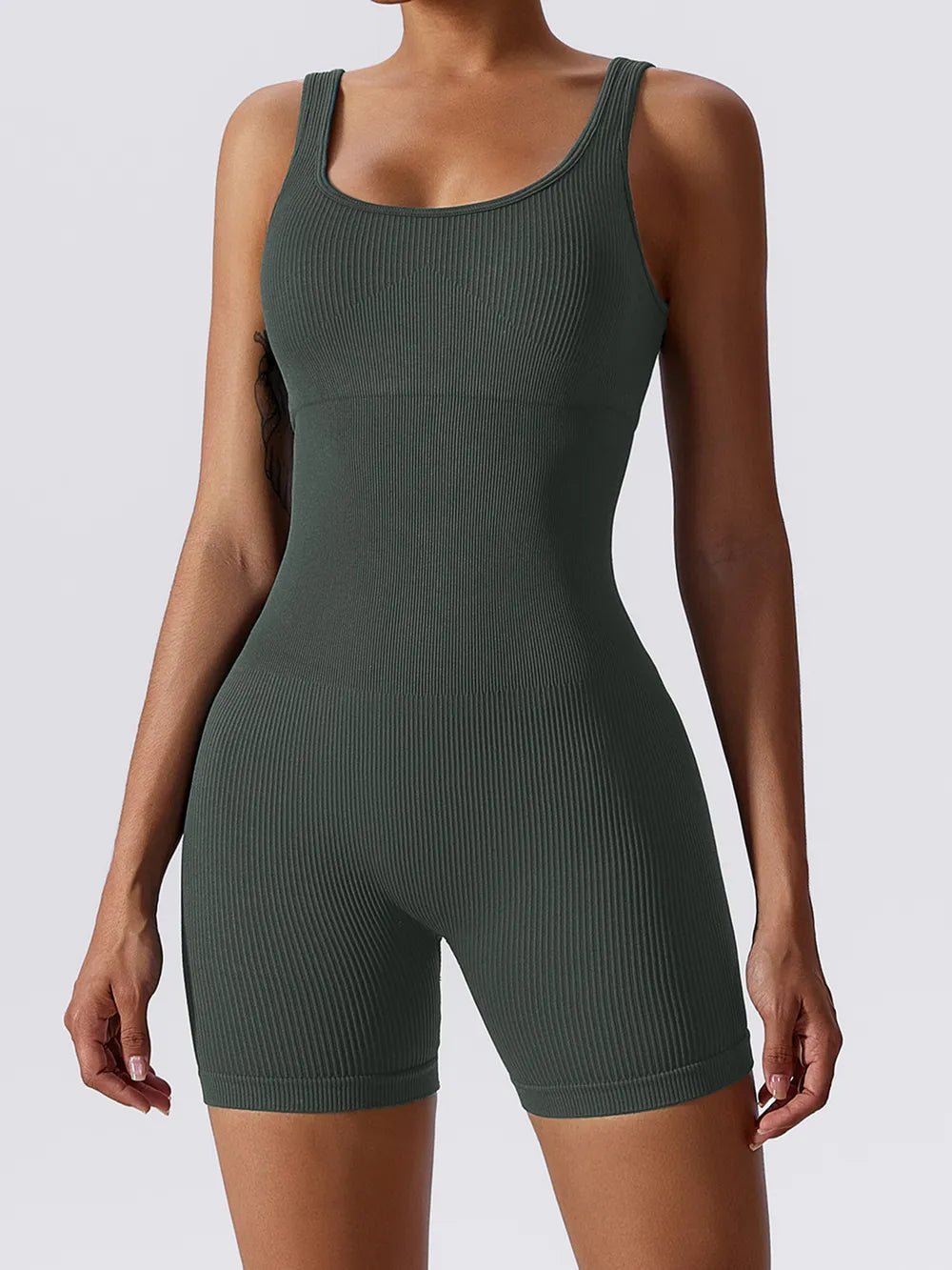 Basic Bae Ribbed Sleeveless Active Romper - MAD RUFFI