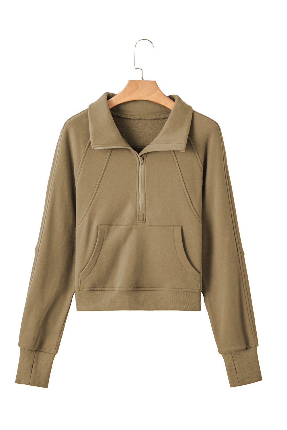 Smoke Green Zip Up Stand Collar Ribbed Thumbhole Sleeve Sweatshirt