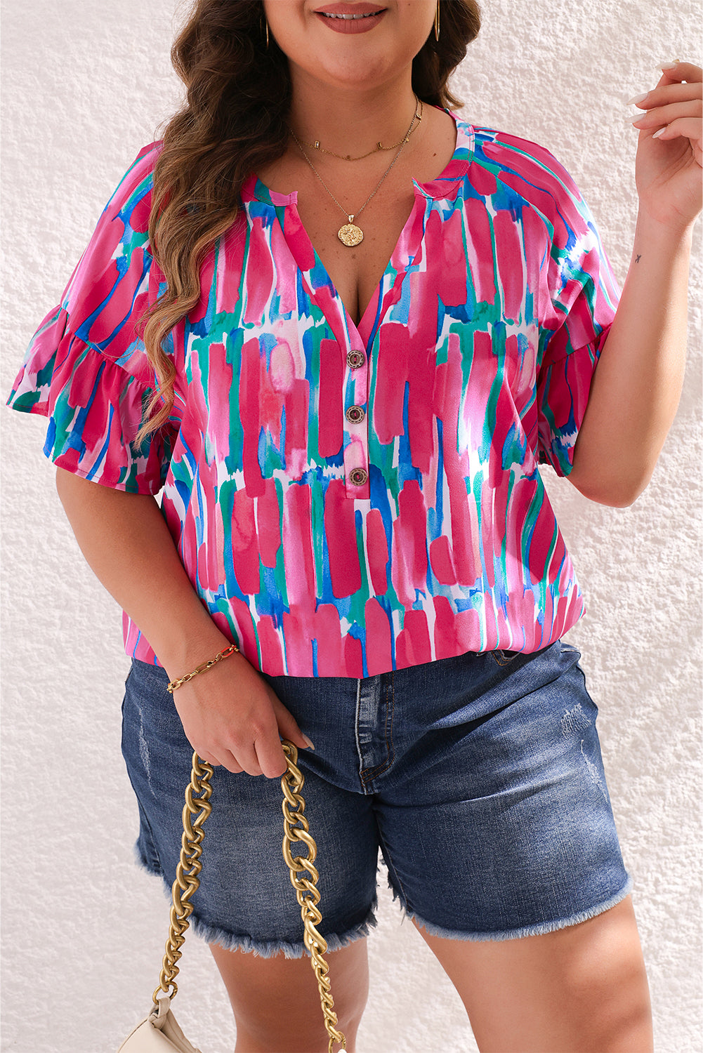 Rose Abstract Print Ruffle Sleeve V-Neck Blouse