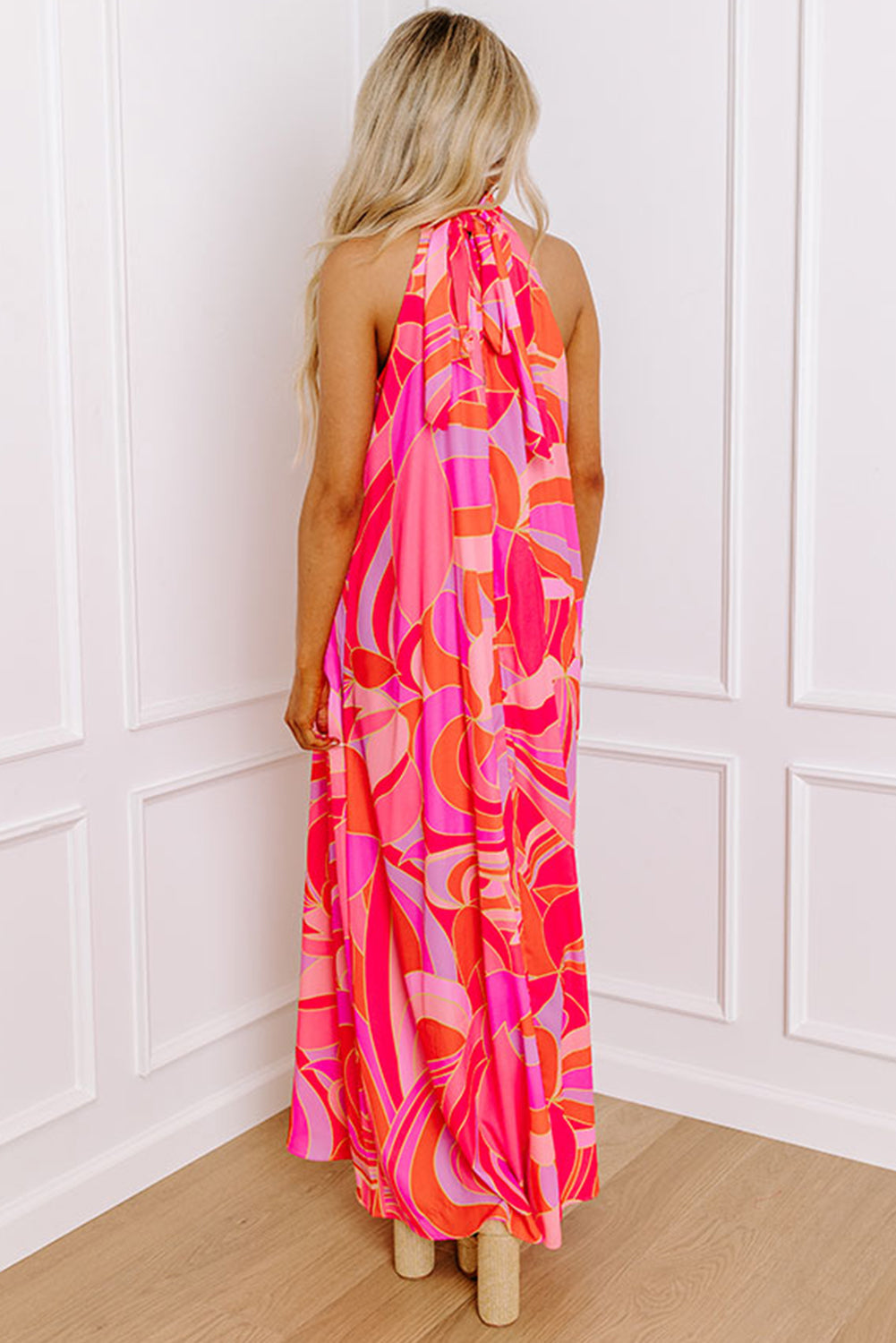 Floral High Neck Sleeveless Maxi Dress with Knotted Detail