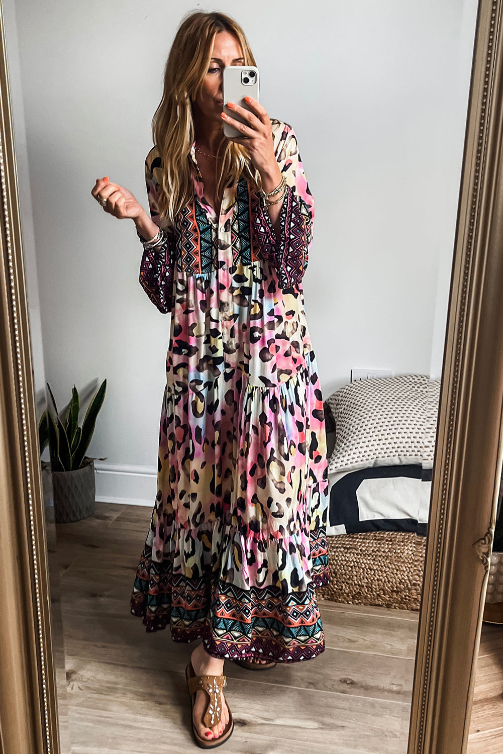 Fierce Pink Leopard Print Tiered Maxi Dress with 3/4 Sleeves