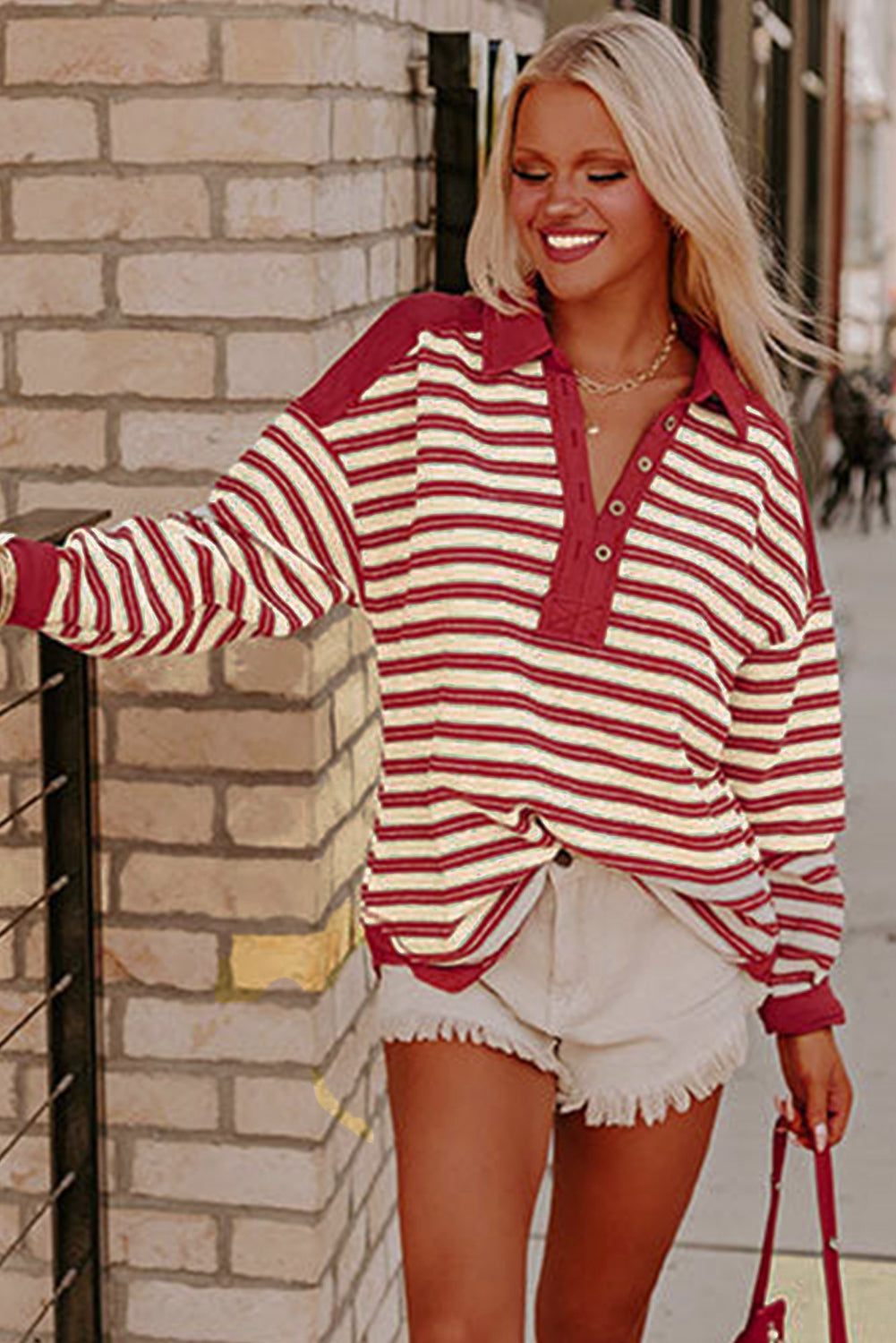 Pink Stripe Collared V Neck Drop Shoulder Top