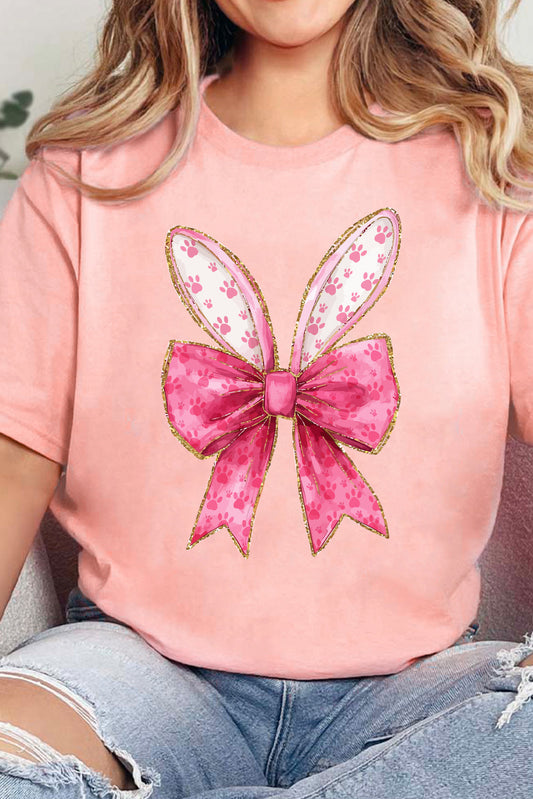 Pink Paw Printed Bow Bunny Easter Day Fashion T Shirt