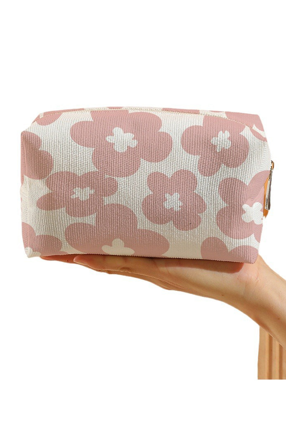 White Flowers Print Zipper Canvas Cosmetic Bag