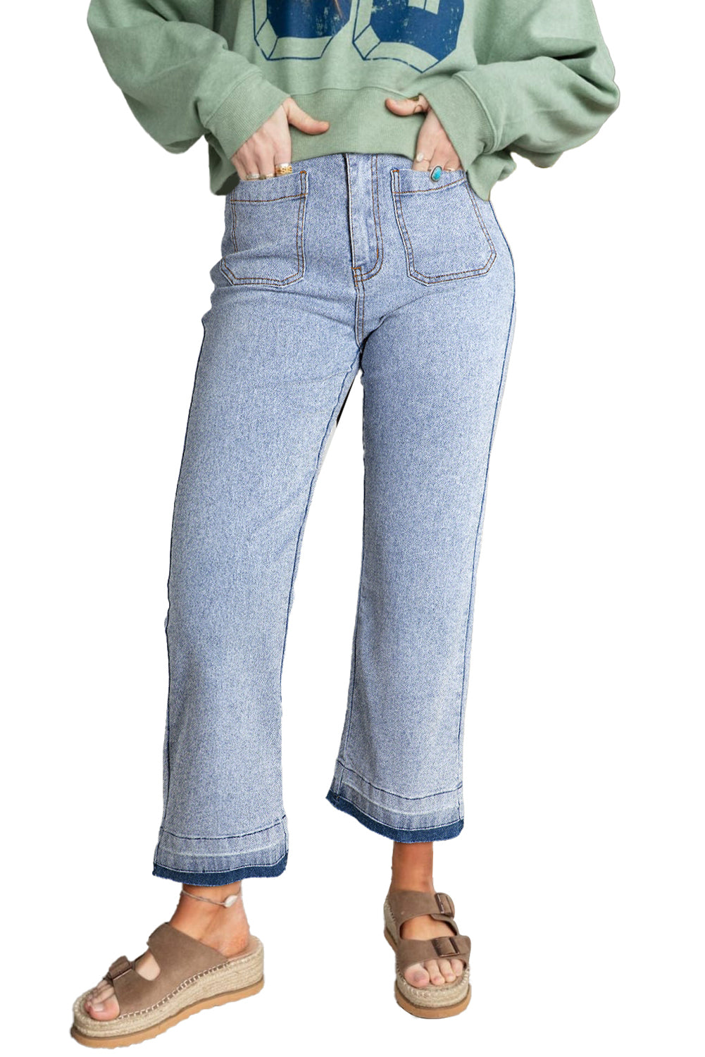 Beau Blue Acid Washed Contrast Hem Pocketed Cropped Jeans - MAD RUFFI