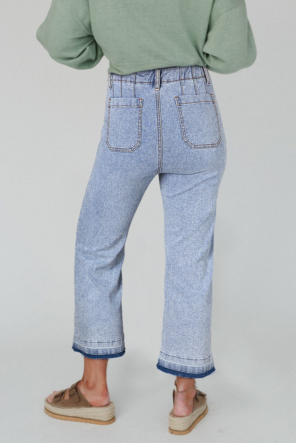 Beau Blue Acid Washed Contrast Hem Pocketed Cropped Jeans - MAD RUFFI