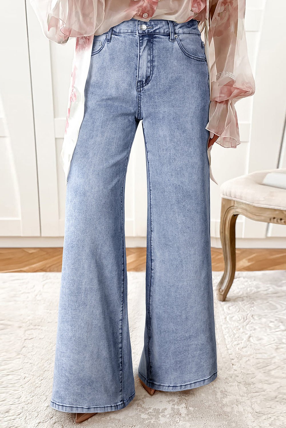 Beau Blue Button Zip High Waist Flared Hem Jeans - MAD RUFFI