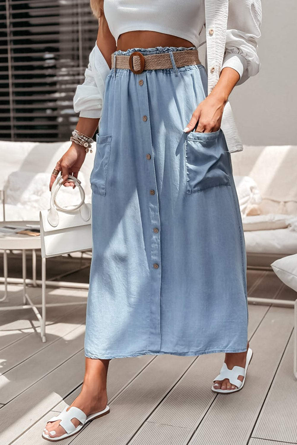 Beau Blue Buttoned Front High Waist Side Pockets Denim Maxi Skirt - MAD RUFFI