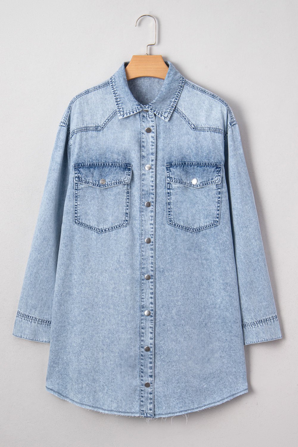 Beau Blue Chest Pocket Raw Hem Denim Loose Shirt Dress - MAD RUFFI