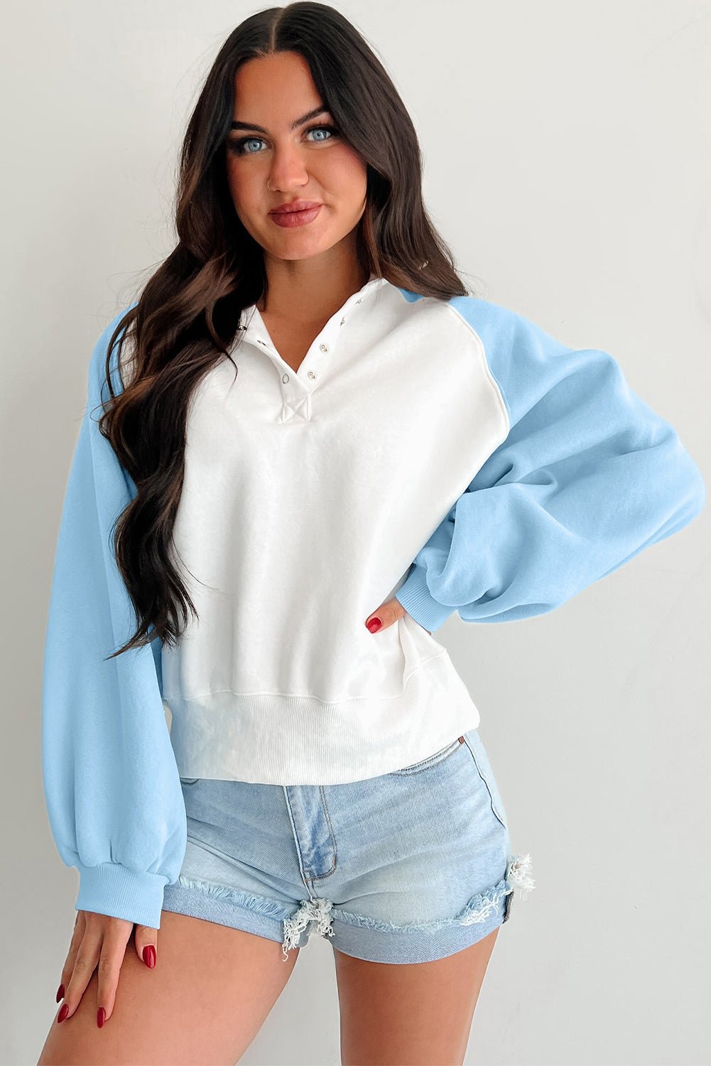 Beau Blue Colorblock Snap Buttons Pullover Sweatshirt - MAD RUFFI