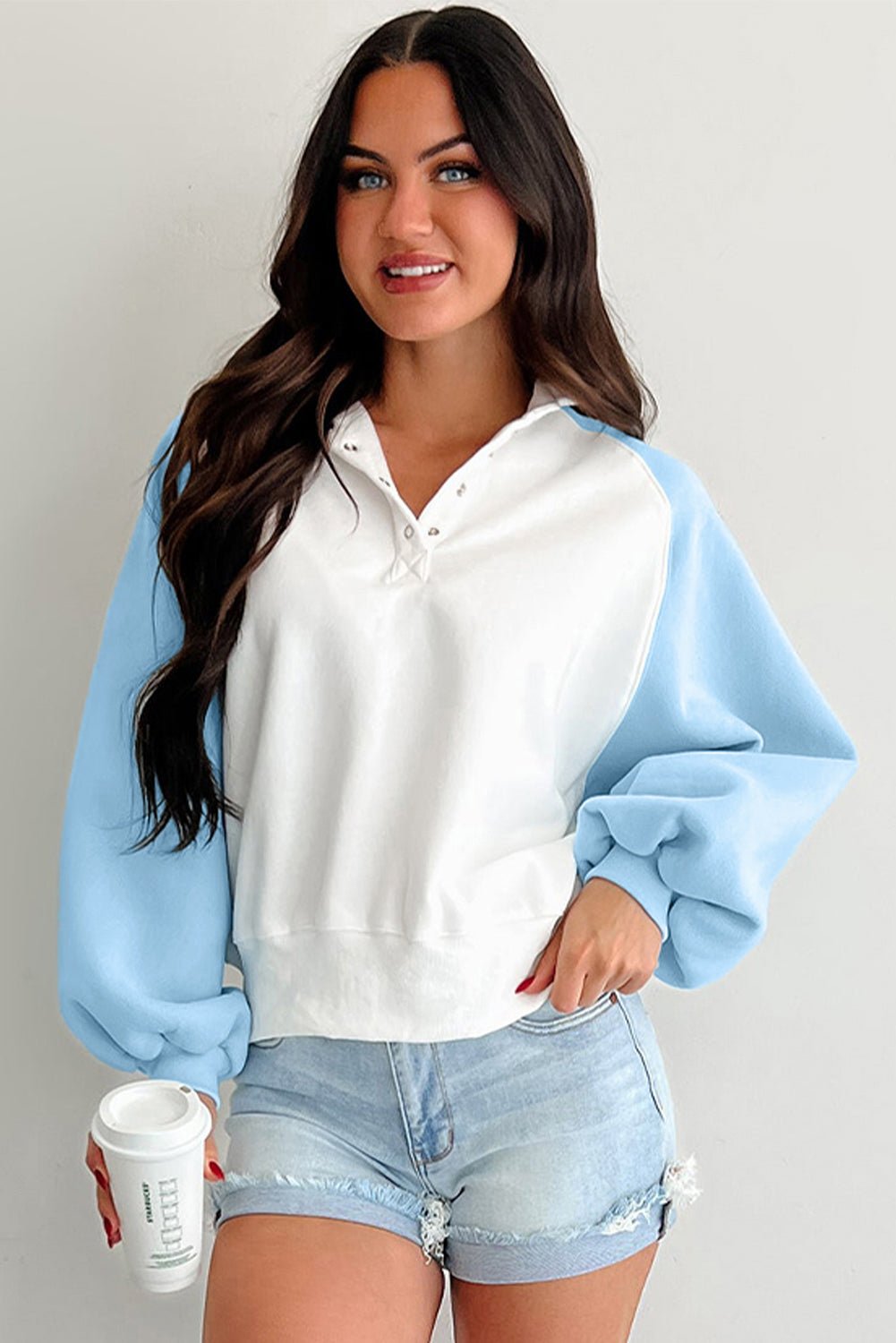 Beau Blue Colorblock Snap Buttons Pullover Sweatshirt - MAD RUFFI