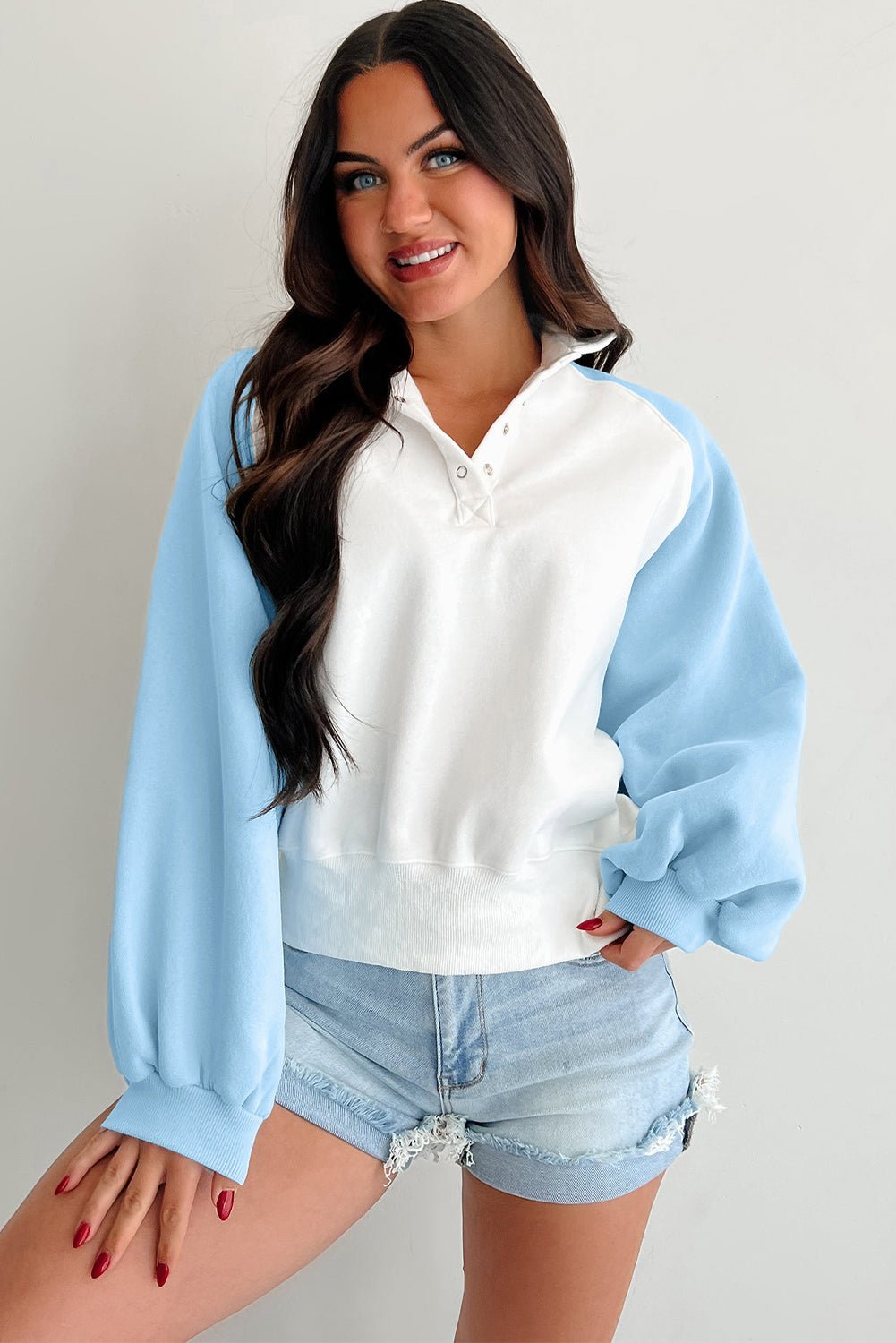 Beau Blue Colorblock Snap Buttons Pullover Sweatshirt - MAD RUFFI