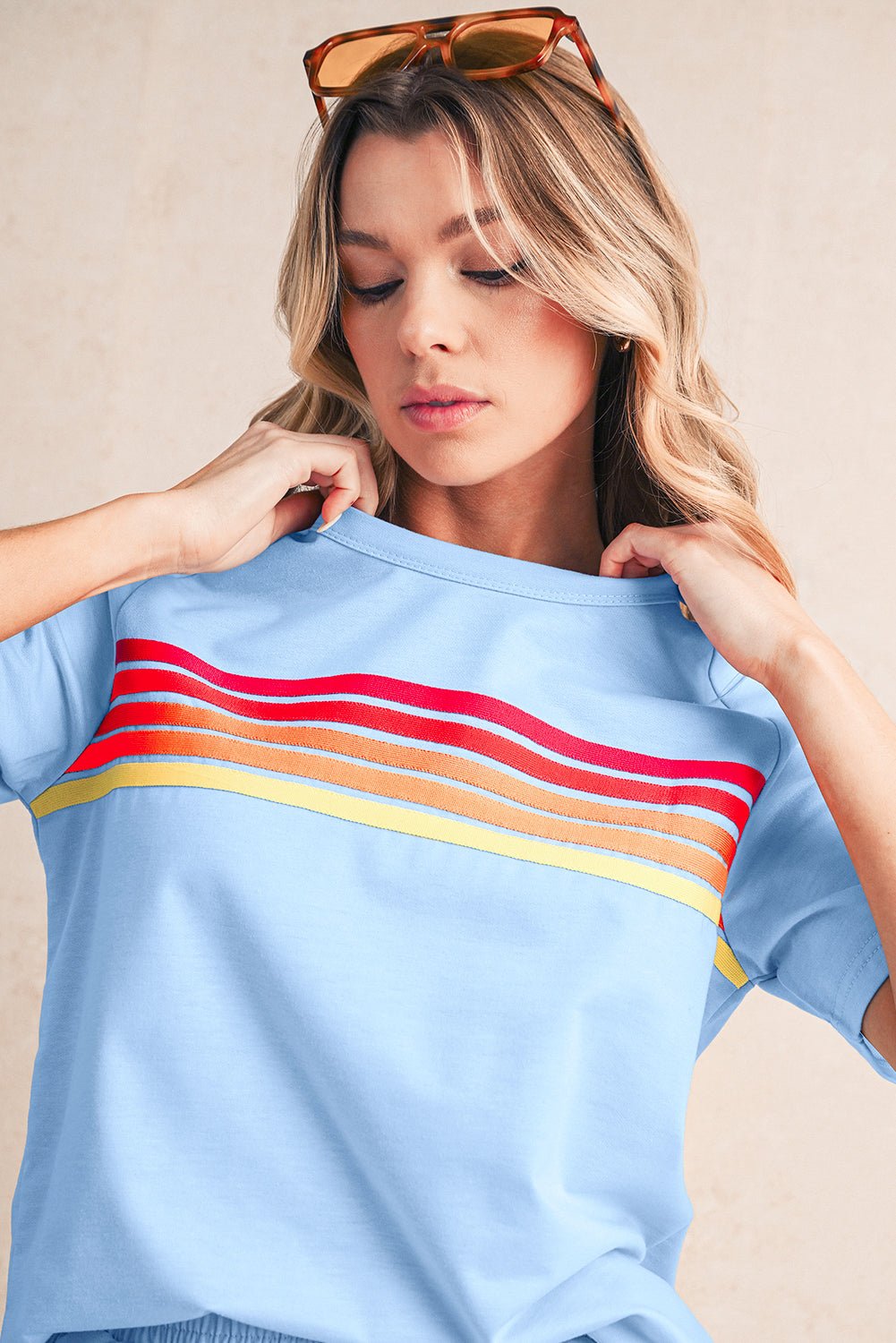 Beau Blue Colorful Striped Casual Tee - MAD RUFFI