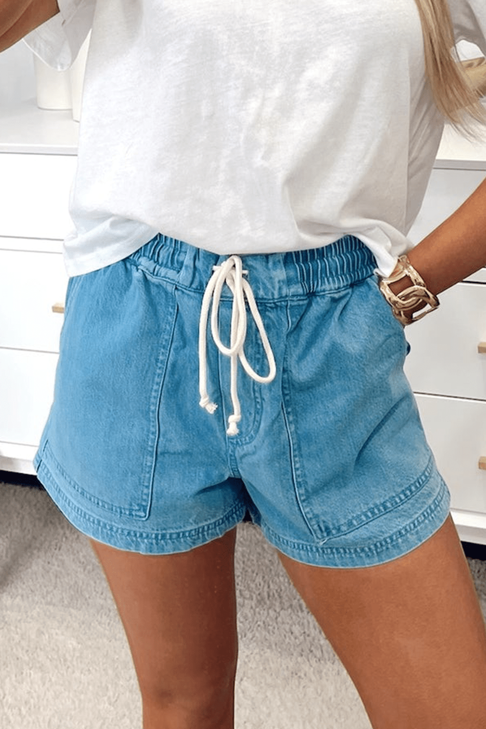 Beau Blue Drawstring Elastic Waist Denim Shorts - MAD RUFFI
