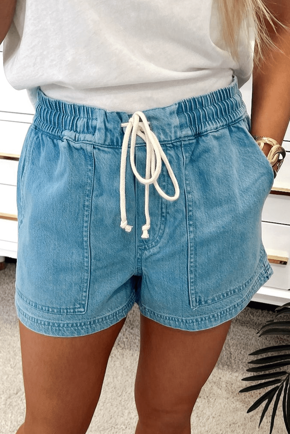 Beau Blue Drawstring Elastic Waist Denim Shorts - MAD RUFFI