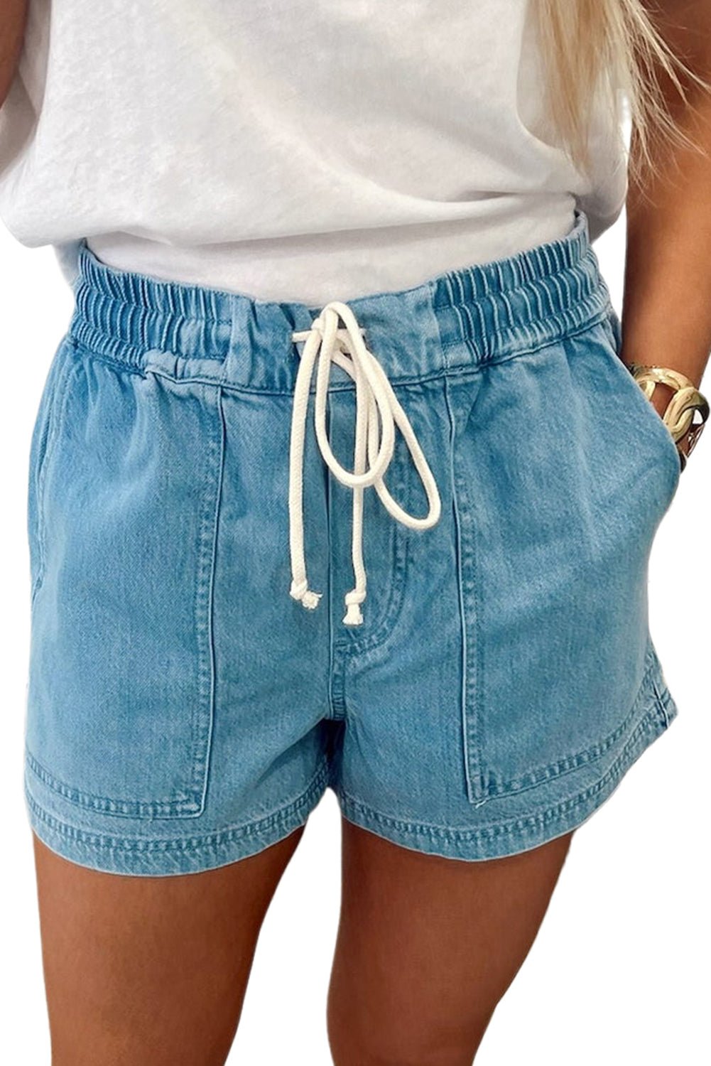 Beau Blue Drawstring Elastic Waist Denim Shorts - MAD RUFFI