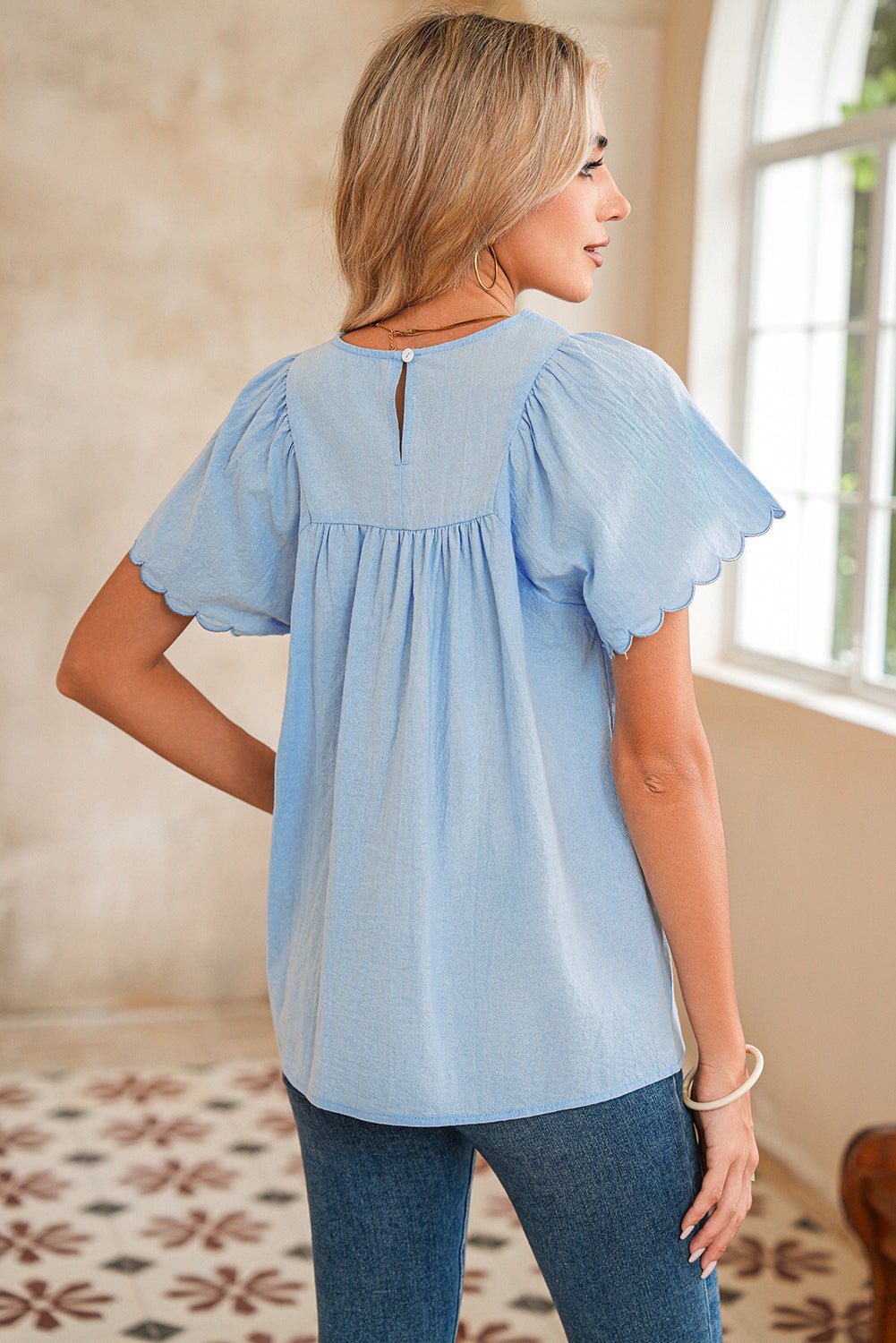 Beau Blue Embroidered Scallop Trim Sleeve Pleated Blouse - MAD RUFFI