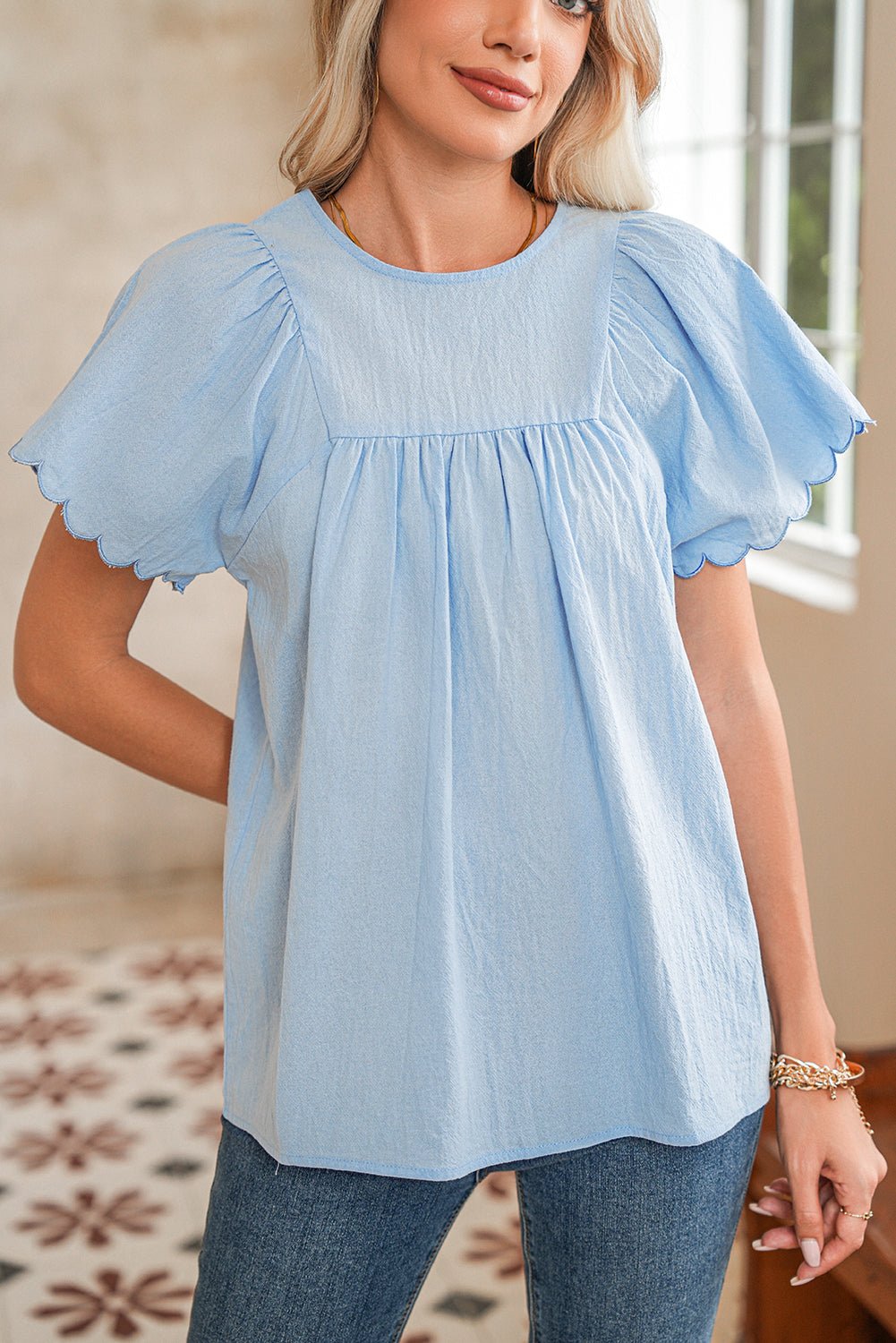 Beau Blue Embroidered Scallop Trim Sleeve Pleated Blouse - MAD RUFFI