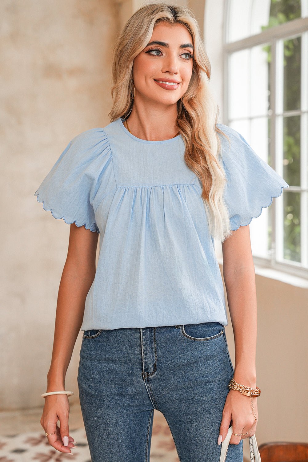 Beau Blue Embroidered Scallop Trim Sleeve Pleated Blouse - MAD RUFFI