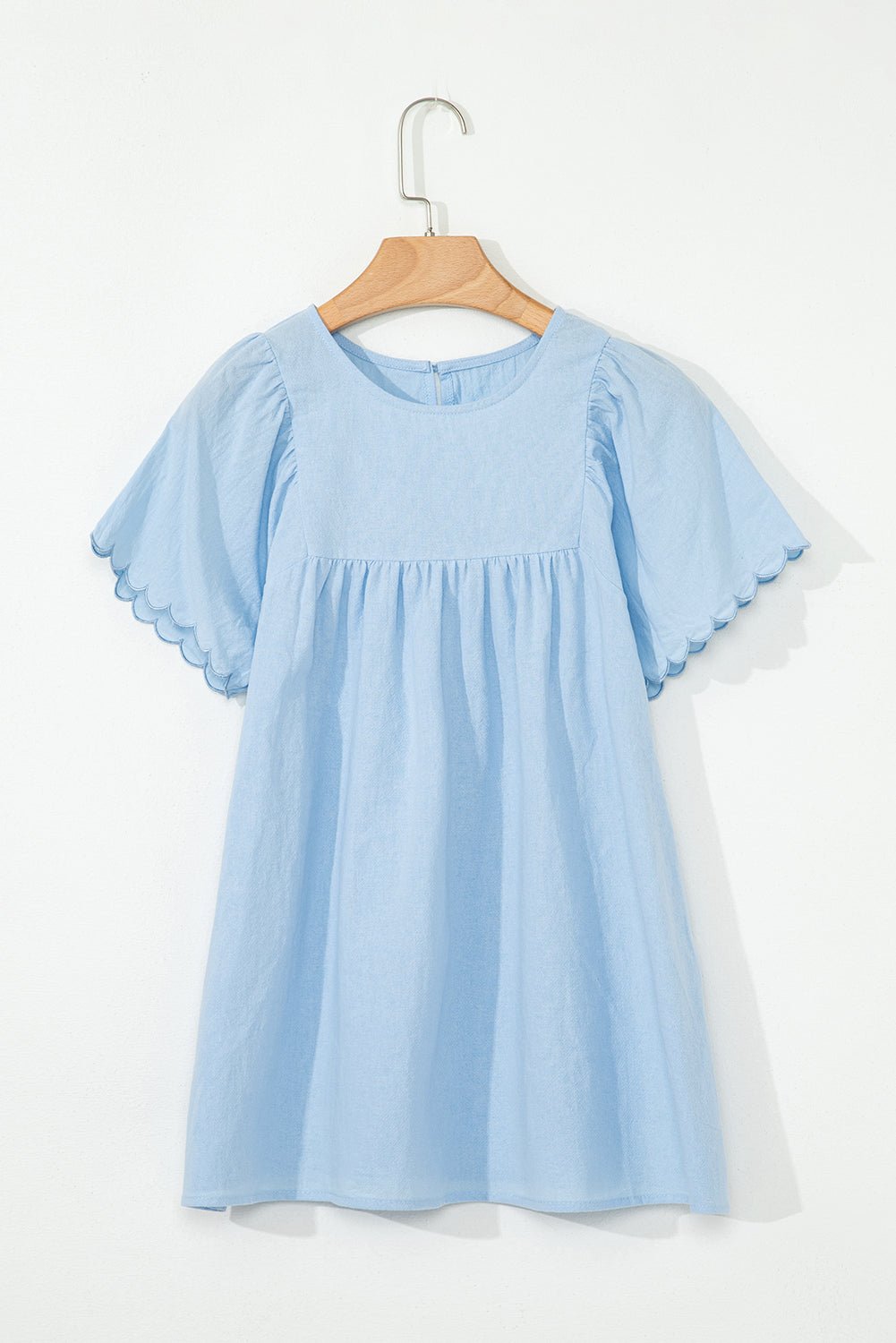 Beau Blue Embroidered Scallop Trim Sleeve Pleated Blouse - MAD RUFFI