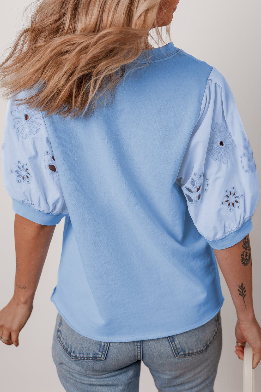 Beau Blue Eyelet Flower Embroidered Crew Neck Blouse - MAD RUFFI