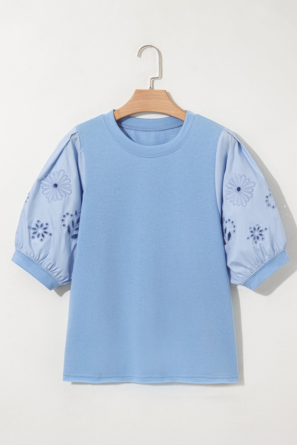 Beau Blue Eyelet Flower Embroidered Crew Neck Blouse - MAD RUFFI