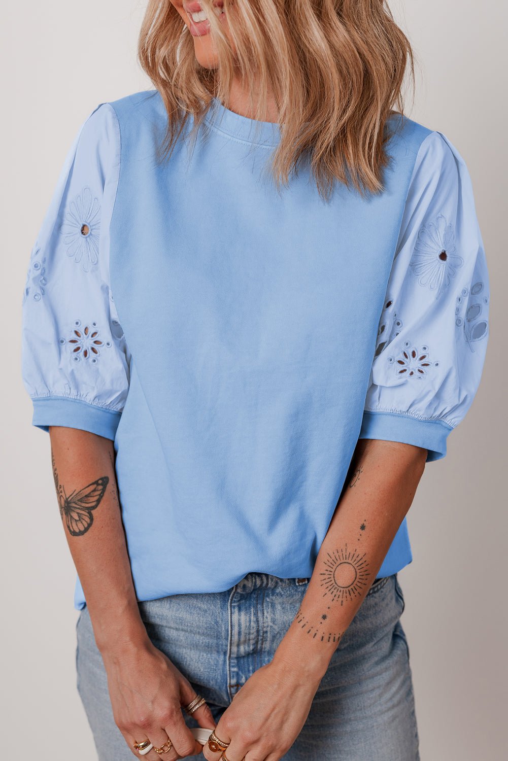 Beau Blue Eyelet Flower Embroidered Crew Neck Blouse - MAD RUFFI