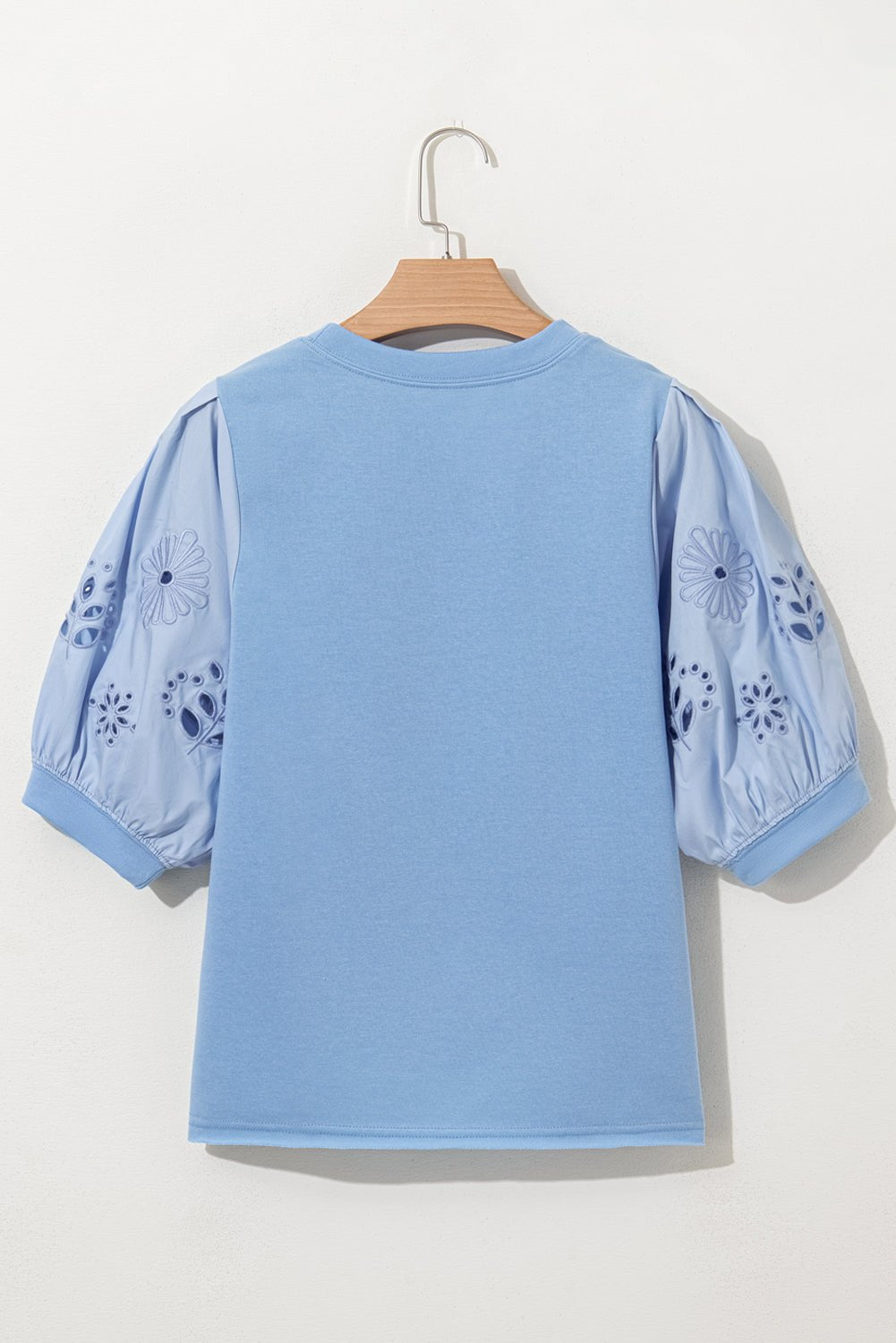 Beau Blue Eyelet Flower Embroidered Crew Neck Blouse - MAD RUFFI