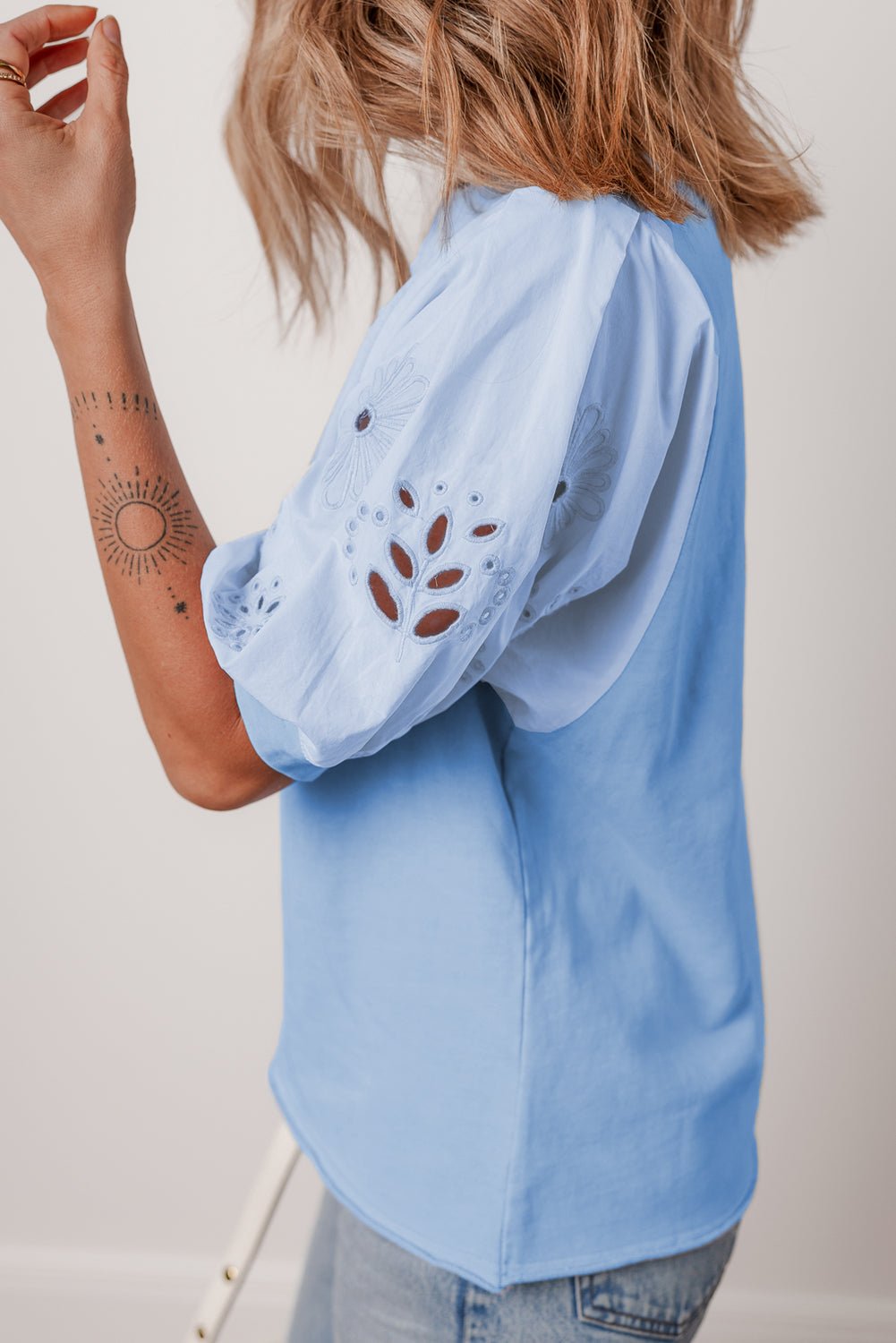 Beau Blue Eyelet Flower Embroidered Crew Neck Blouse - MAD RUFFI