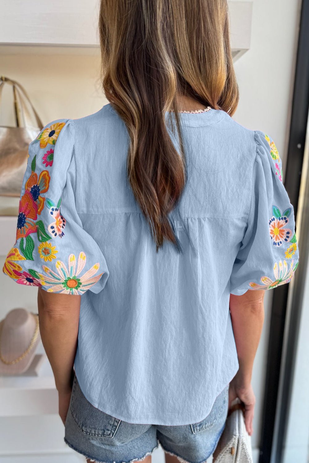 Beau Blue Floral Embroidered Puff Sleeve Split Neck Blouse - MAD RUFFI