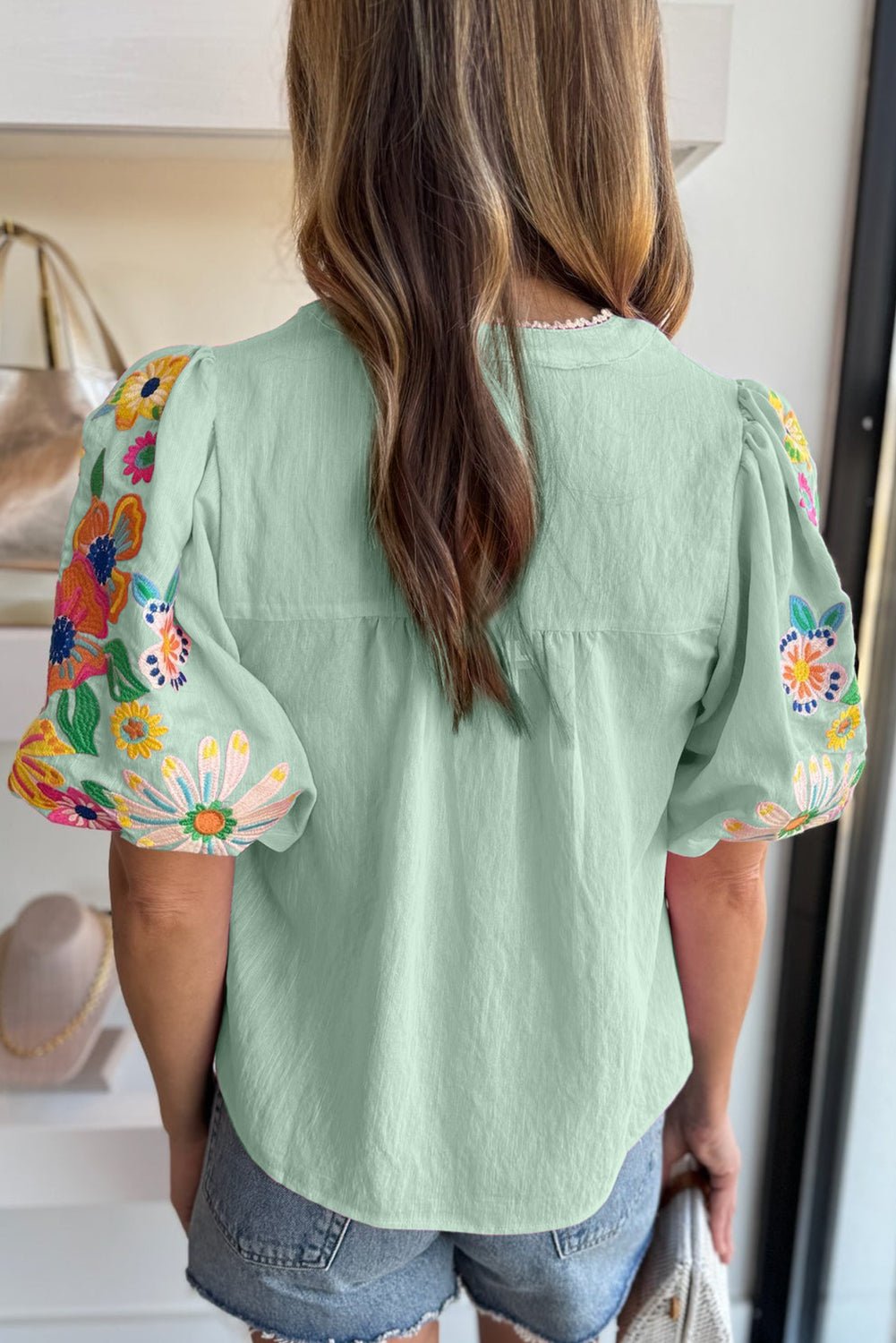 Beau Blue Floral Embroidered Puff Sleeve Split Neck Blouse - MAD RUFFI