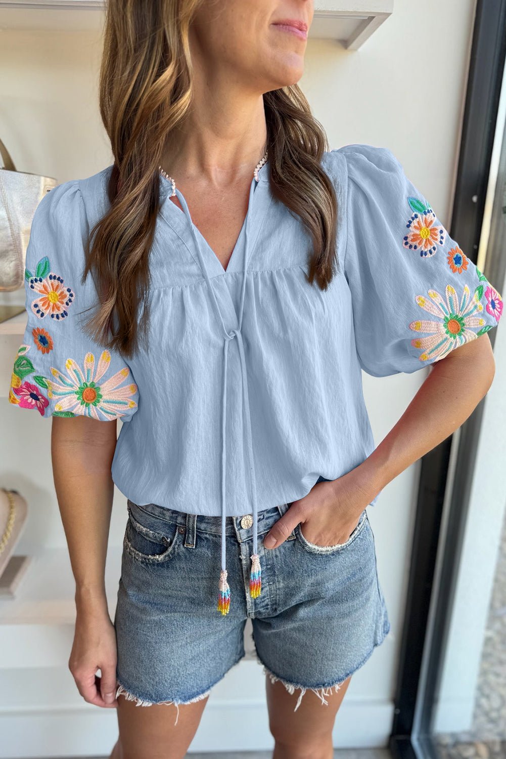 Beau Blue Floral Embroidered Puff Sleeve Split Neck Blouse - MAD RUFFI