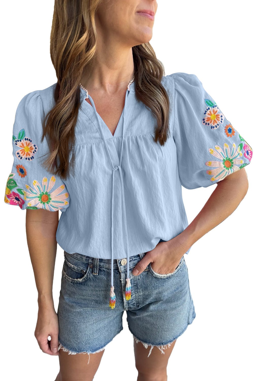 Beau Blue Floral Embroidered Puff Sleeve Split Neck Blouse - MAD RUFFI